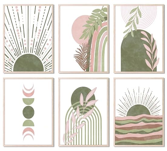 RETRART Sage Green Boho Wall Art, Minimalist Wall Art Wall Decor Geometric Line Leaf Sun Moon Beige Green Canvas Artwork Paintings, Abstract Botanical Sage Green Boho Room Decor - 8"x10" - Green - Image 1