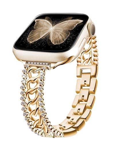 beu1st Bling Chain Bracelet Compatible with Apple Watch Band 42mm 44 mm 45mm 49mm, Women Dressy Glitter Diamond Rhinestone Stainless Steel Metal Strap for Iwatch Series 8/7/6/5/4/3/2/1/SE Gold - Gold - 49/45/44/42mm(5.4-8.2inches) - Image 1