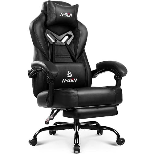 N-GEN GAMING Gaming Chair Big and Tall Computer Heavy Duty Office Desk Chair with Footrest Ergonomic Lumbar Support High Back Recliner for Adults (Dark Black) - Image 1