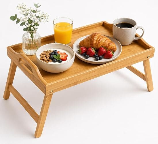ALAYSTAR Bamboo Bed Tray Table with Folding Legs & Handles 40cm - Image 1