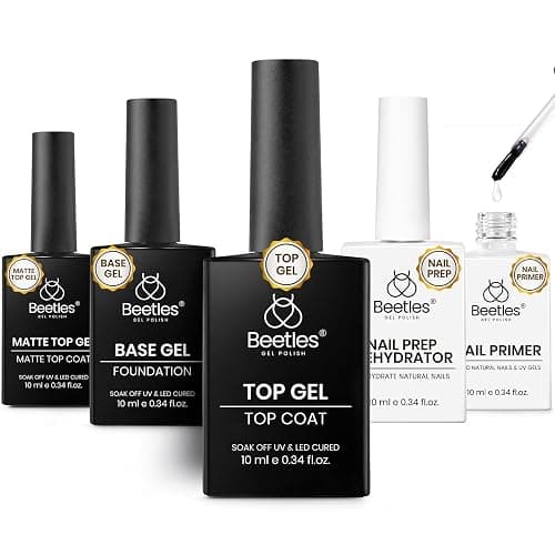Beetles Base and Top Coat Set with Nail Dehydrator and Primer, 5 Pcs 10ml Glossy Matte Top Coat Gel Nail Prep Acid-Free and Hema-Free Dehydrate Bond Primer Kit - Image 1