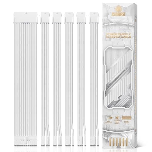 AsiaHorse Power Supply Sleeved Cable, 16 AWG PSU Extension Cable Kit of White Connector, 1x24Pin/2x4+4 EPS/3x6+2 PCI-E, 30cm Length with Combs-White - Image 1
