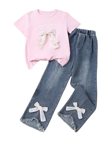Verdusa Cute Outfits for Girls 10-12 Bows Summer Clothes Graphic Tees with Straight Leg Jeans Set - 8 Years - Pink - Image 1