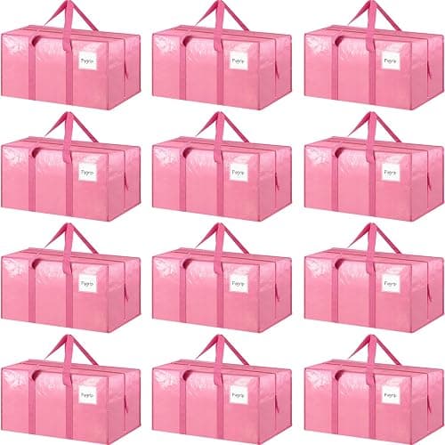 12 Pack Extra Heavy Duty Large Moving Bags with Strong Zipper & Comfortable Handles, Sturdy & Durable Clothes Storage Bags Totes Bins, Packing Moving Boxes for College Supplies, Pink - Image 1