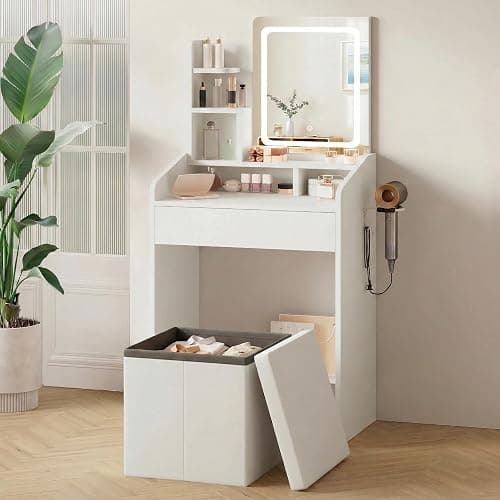 LIVELYGLOW Small Vanity Table with Lighted Mirror & Power Station, 24" Modern White Makeup Desk with Storage Stool, Hair Dryer Rack, Smart LED 3-Color Lighting, Compact Dressing Table for Bedroom - Image 1