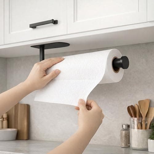 Paper Towel Holder Under Cabinet, Self Adhesive or Screw Mount, Fits Most Standard US Paper Towel Rolls, SUS304 Stainless Steel, Black - Image 1