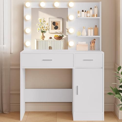 LIVELYGLOW White Makeup Vanity with 10 Hollywood Light Bulbs, 35.4" Wide Dressing Table with Large Mirror & Dimming Function, Small Space Vanity Desk with 2 Drawers, Storage Cabinet & Shelves - Image 1