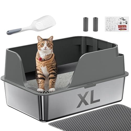 Stainless Steel Cat Litter Box with Lid, XL for Big Cats, High Sided | Metal Litter Pan, Anti Leakage, Odor-Free & Easy Cleaning, Included Scoop &Trash Bag*2 & Mat & Sticker, Grey - Image 1