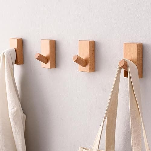 QUELLANCE Wood Coat Hooks Wall Mounted - 4 Pack Wall Hooks for Hanging Robe & Towel Hooks for Bathroom, Natural Handmade Hat Hooks Heavy Duty (Beech Wood) - Wood - Image 1