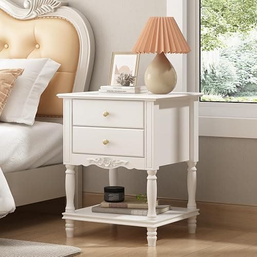 Homsee Vintage Wooden Nightstand with 2 Drawers and Bottom Shelf, Elegant Bedside Table End Side Table for Bedroom, Living Room, White (19.7”W x 16.9”D x 25.2”H) - 1 - Image 1