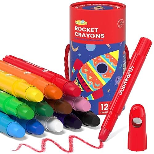 JUPITEARTH 12 Colours Twistable Rocket Crayons for Toddlers Aged 1–3,Non-Toxic Washable Crayons for Children 4–8 with Storage Tub–Smooth,Easy-Grip Art Supplies,Perfect Colouring Gift for Boys&Girls - Image 1