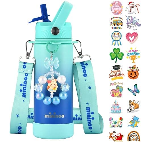 Mininoo Insulated Stainless Steel Kids Water Bottle for School with Straw Lid & Strap, 50 Stickers, 18 oz(Sky/Blue) - Image 1