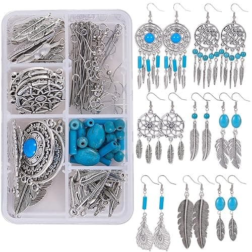 SUNNYCLUE 1 Box DIY 8 Pairs Bohemian Feather Dream Catcher Earring Making Starter Kit with Dream Catcher Feather Charm Connector, Turquoise Gemstone Beads, Earring Hooks Jewelry Supplies, Instruction - Image 1