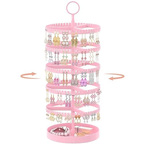 iDavosic.ly 5 Tier Rotating Earring Holder Organizer with Metal Tray, Adjustable Plastic Dangle Display Stands Tree with 285 Grooves, Large Hoop Storage Rack Tower, Pink - Image 1