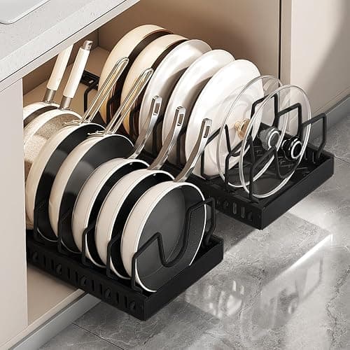 AmoiChic 2 Pack Pull Out Cabinet Organizer for Pots and Pans, Black Storage Rack with 8 Adjustable Dividers, Kitchen Cabinet Organizer for Pot Lids, Bakeware, Dishes Storage - Image 1