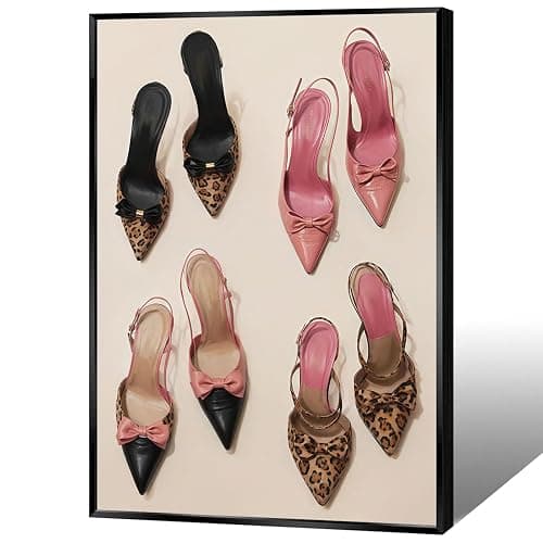 Pink Bow Leopard Heels Canvas Wall Art Funky Heel Leopard Posters Coquettish Preppy Girly Pink Aesthetic Prints Painting For Living Room Bedroom Dorm Apartment Wall Decor 12x16in Framed - Image 1