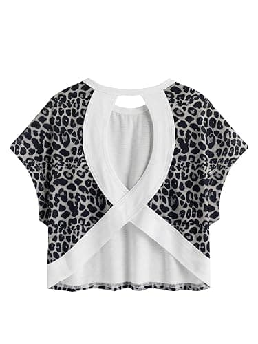 SweatyRocks Women's Casual Oversized Cut Out Open Back Workout Gym Tops | Cheetah Print Short Sleeve Backless Athletic T Shirts - Image 1