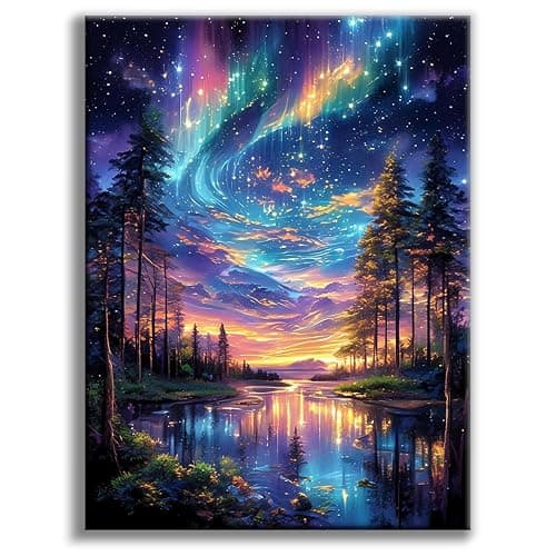 Offito Starry Sky Diamond Art Kits for Adults, 5D Aurora Lake Diamond Painting Kits for Beginners, Fantastic Landscapes DIY Full Drill Dots Gem Art Paint for Home Wall Decor 12 x 16 Inch - Image 1