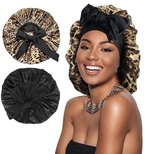 Arqumi 2 Pcs Cheetah-Print Satin Silk Bonnet for Sleeping Women, Large Cute Bonnet with Long Strap Tie Band Adjustable Sleep Night Cap Hair Bonnet for Men Long Short Hair, Black+Leopard - Image 1