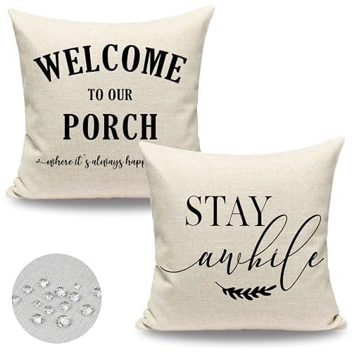 JOJOGOGO Welcome to Our Porch Stay Awhile Pillows Outdoor Pillow Covers 18x18 Waterproof Set of 2 Farmhouse Porch Decor Patio Decorative Throw Pillows 18 x 18 (No Inserts) - Image 1