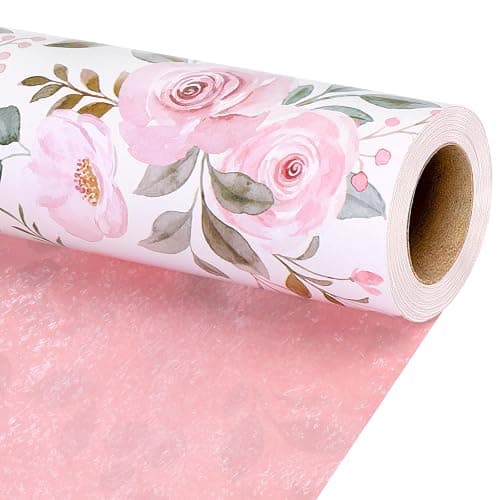 BIOBROWN Reversible Floral Wrapping Paper Roll - 17 Inches X 33 Feet (47 sq. ft. ttl.) Pink Watercolor Roses Design Flower Gift Wrap for Mother's Day, Wedding, Bridal Shower, Valentine's Day - Image 1