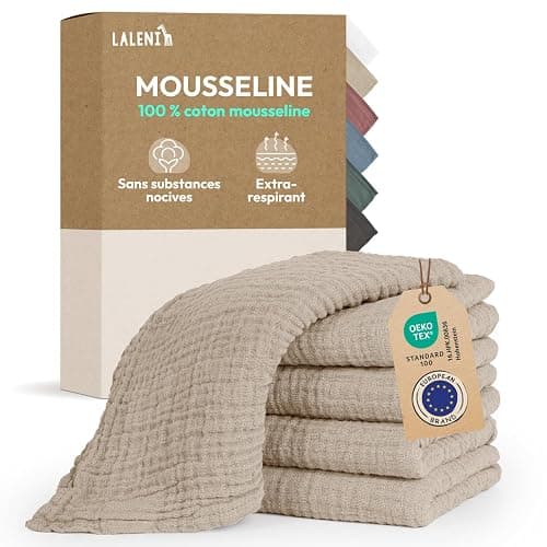 Laleni Lot de 5 langes bébé en pur coton - Sans substances nocives - 70x70 cm - Serviettes mousseline absorbantes et lavables - Beige - Image 1