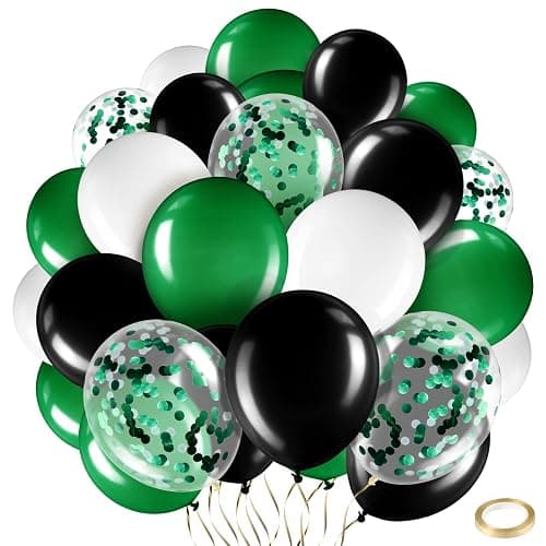Sratte 60 Pcs 12 Inch Black Green White Balloons Kit Halloween Decorations Confetti Latex Metallic Balloons with 2 Rolls Ribbon Party Favor for Memorial Day, Birthdays - Image 1