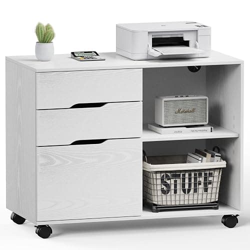 DUMOS Lateral File Cabinet with 3 Drawers Rolling Filing Cabinets Under Desk Storage Printer Stand Wood Organizer with Wheels Adjustable Shelf for Office Home Small Space, White - Image 1