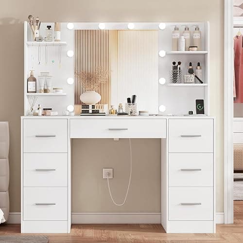 FIONESO Large Makeup Vanity, 42.1" Vanity Desk with Mirror and Lights, Makeup Vanity Table with 7 Drawers, 4 Shelves, 5 Jewel Hooks & Power Strip, Vanity Desk Set for Bedroom, White - White - Image 1