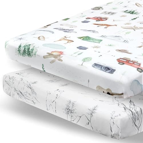 Pobibaby - 2 Pack Premium Pack N Play Sheets Fitted for Standard Pack and Plays and Mini Cribs - Ultra-Soft Cotton Blend, Stylish Woodland Pattern, Safe and Snug for Baby (Explore) - Image 1