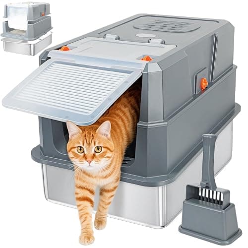 SZEE Stainless Steel Litter Box, Large Size, Fully/Half Enclosed Design, Foldable Front Door for Scooping, Activated Charcoal Odor Control, Prevent Splashing Out - Image 1