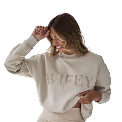 Six Stories | Oversized Wifey Statement Sweatshirt for Newlywed Bride | Soft & Cozy Embroidered Champagne Crewneck Sweater - Image 1