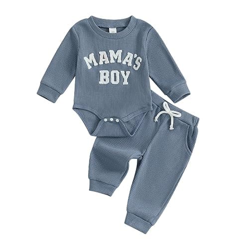 ZAXARRA Newborn Boy Clothes Mama Boy Embroidered Long Sleeve Romper Waffle Ribbed Pants Set Baby Fall Winter Outfit - Image 1