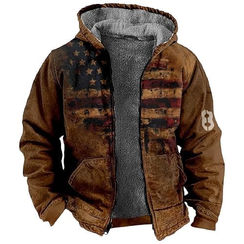 RODYETQQ Mens Hoodies Zip Up Fleece Jacket Thick Retro Flag Print Hoodie Sherpa Lined Winter Coat Fall Fashion Hoodie - Image 1