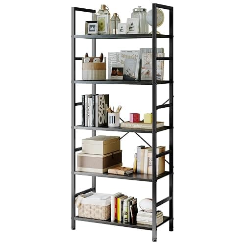 Sweetcrispy Book Shelf, 5 Tier Bookcase, Modern Tall Bookshelf for Garage Kit, CDs, Movies, Industrial Corner Storage Organizer for Bedroom Home Office Kitchen Living Room, Black - Image 1