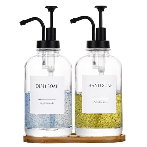 Glass Soap Dispenser with Pump, Dish and Hand Soap Dispenser for Kitchen Bathroom Set, Clear Glass Dispenser Set of 2 Pack with 18 Stickers Funnel Bamboo Tray 500ml 18oz / Each Bottle Sliver Pump - Image 1