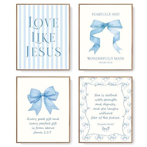 LARTSFRO Coquette Blue Bow Jesus Wall Art Decor Posters, Light Blue Bow Christian Room Bathroom Bedroom Dorm Wall Art Decor Aesthetic for College Teen Girls Gifts, Inspirational Bible Verses Bow Wall Decor, 10x8 Inch Set of 4 Bow Pictures(UNFRAMED) - Image 1
