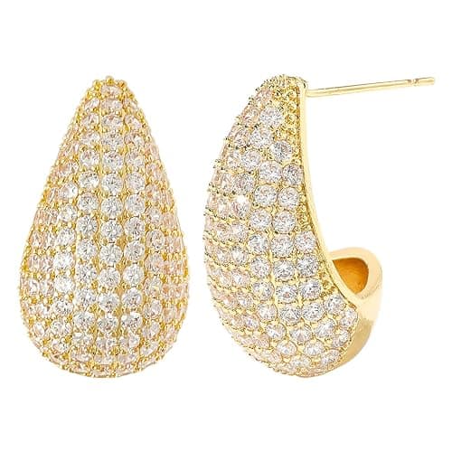 GELVTIC Chunky 18K Gold Plated Hoop Earring Silver Teardrop Earrings for Women Water Drop Lightweight Rhinestone Crystal Dangle Jewelry Wedding Bridal Bridesmaids Valentine's Gift for Woman Lover Mom - Image 1