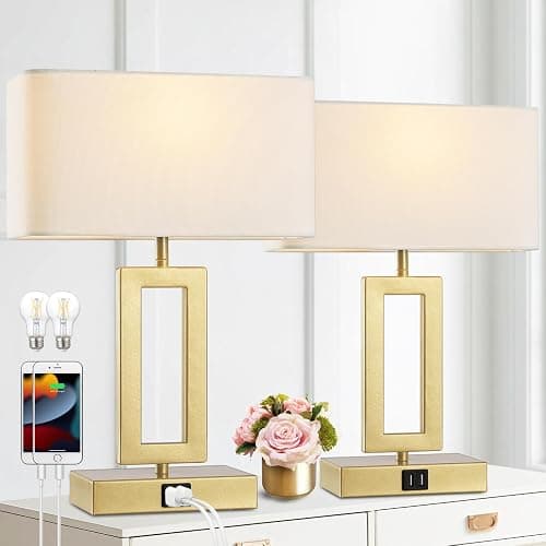 gernehop Gold Table Lamps Set of 2 with Dual USB Ports,3-Way Dimmable Touch Control Bedside Lamps,Modern Bedroom Table Lamp for Living Room,Nightstand LED Bulbs Included - Image 1