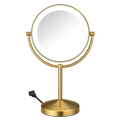 Conair LED Vanity Mirror, Double-Sided, 10x Maginification, Brushed Brass | Lighted makeup mirror with 3 color modes, 360° rotation, a satin nickel finish, a 5-foot power cord, and an 8.5" mirror - Image 1