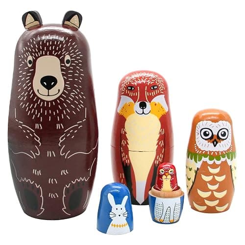 Conzy Russian Nesting Dolls for Kids, Stacking Wooden Handmade Matryoshka Dolls, 5 Piece Cute Cartoon Animal Pattern, Great Toy Gift for Girls Boys' Birthday or Home Decoration (Brown) - Image 1