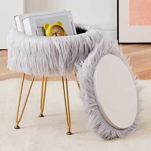 Mxfurhawa Faux Fur Storage Ottoman Round Furry Vanity Stool Marble Grain Tray Coffee Table Compact Footrest Stool with 4 Metal Legs Soft Makeup Seat Foot Stools for Living Room Bedroom Entryway Grey - Image 1