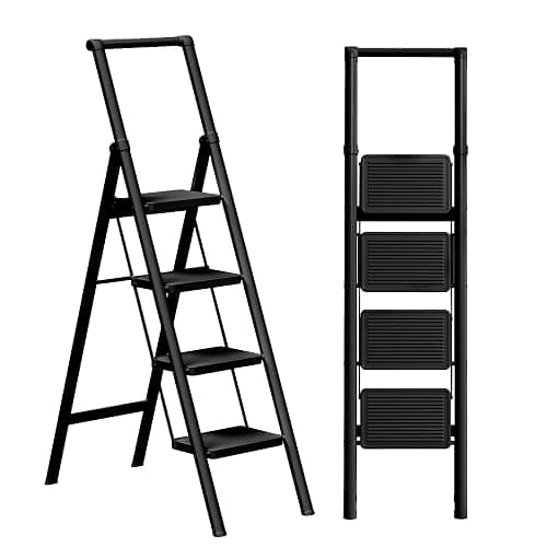 GameGem 4 Step Ladder Folding Iron Step Stool Stepladders with Anti-Slip and Wide Pedal for Home and Kitchen Use Space Saving (Black) - Image 1