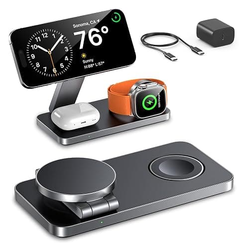 EXW Foldable 3 in 1 Wireless Charging Station for Apple Compatible with Mag Safe Charger Stand,Magnetic Wireless Charger Station for iPhone 17 Air 16 15 14 13 12 Series,Airpods Pro,Apple Watch - Image 1
