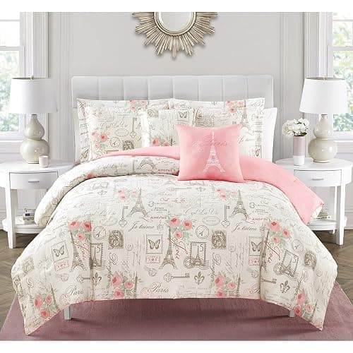 City of Romance 5-Piece Comforter Set, Super Soft, Paris decor for bedroom, Eiffel Towers, Watercolor Floral Bouquets, Butterflies, Reversible Bedding, French Country Pattern, Pink/White, Queen - Image 1