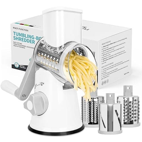 X Home Rotary Cheese Grater for Kitchen, Shredder with 3 Interchangeable Blades, Rotary Grater with Handle and Strong Suction Base, for Vegetables, Fruit, Nuts, Easy to Use and Clean, White - Image 1