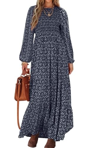 PRETTYGARDEN Women's Fall Dresses 2025 Long Sleeve Flowy Casual Floral Maxi Dress Crew Neck Smocked Tiered Long Dress - Image 1