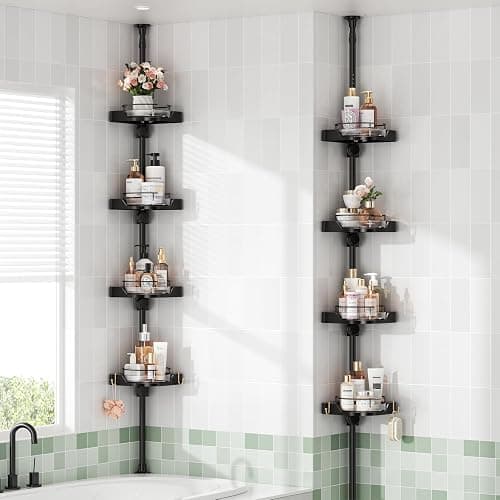 shuang qing 360° Rotating Corner Shower Caddy Tension Pole Organizer - 4-Tier Adjustable Rustproof Metal Pole, Plastic Shelves with Safety Guardrail, Bathroom Storage for Shower & Bathtub(Black) - Image 1