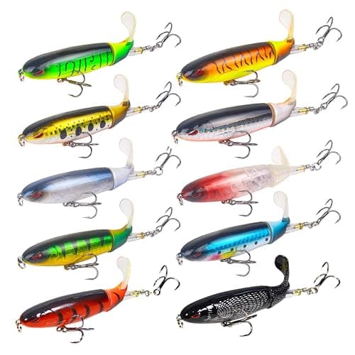 RTGSE 10Pcs Whopper Fishing Lure for Bass Popper Top Water Fishing Lures with Floating Rotating Tail Barb Treble Hooks in Saltwater Freshwater Plopping Lures Kit - Image 1