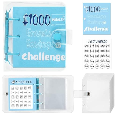 RSORGN Mini Money Saving Challenge Binder, Portable Budget Book with Cash Envelopes to Save $1000 for Home Office School Finance Planning (Blue) - Image 1